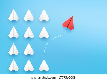 Business concept minimal as group of paper plane in one direction and with one individual pointing in different ways for innovative solution on 3D render vector. leadership for new ideas competition.