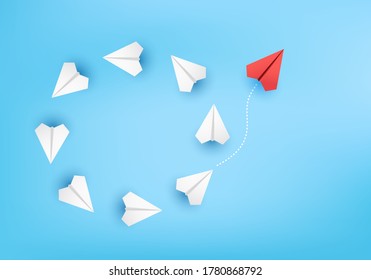 Business concept minimal as group of paper plane in one direction and with one individual pointing in different ways for creative innovative solution on 3D render vector. leadership for new ideas.