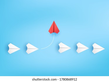 Business concept minimal as group of paper plane in one direction and with one individual pointing in different ways for innovative solution on 3D render vector. leadership for new ideas competition.