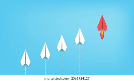 Business concept minimal as group of paper plane in one direction and with one individual pointing in different ways for creative innovative solution. leadership for new ideas.