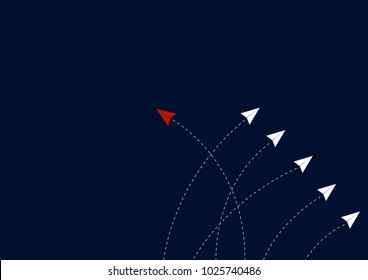 Business concept. Minimalist stile red paper airplane changing direction and white ones. Leader, New idea, boss, manager, winner concept, trend. Vector illustration