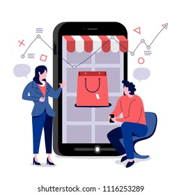 Business concept mobile shopping online e-commerce. Present by businessman consulting on screen. Vector illustrations.