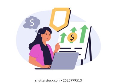 Concepto de negocio en diseño plano moderno para el Web. Empresaria analizando informe financiero, desarrollando proyecto con ingresos seguros y crecimiento de equilibrio, creando estrategia de empresa. Ilustración vectorial.