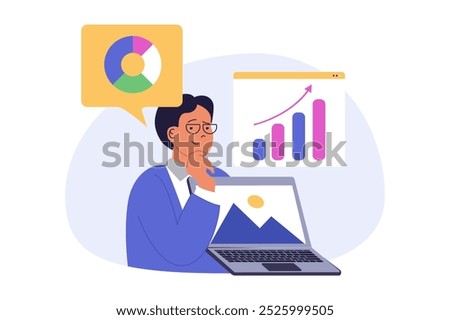 Business concept in modern flat design for web. Businessman analyzing financial report and calculating charts, working at laptop, brainstorming, developing company organization. Vector illustration.
