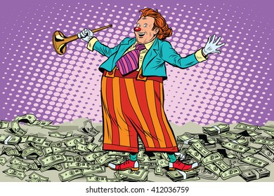 Business concept money clown joke pop art retro style. Cash drawing. Lottery