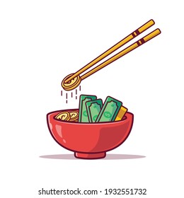 Business Concept. Money And Dollar Coin In Bowl With Chopsticks Cartoon Icon Illustration Flat Style On White Background For Web, Landing Page, Ads, Advertisement, Sticker, Banner, Flier