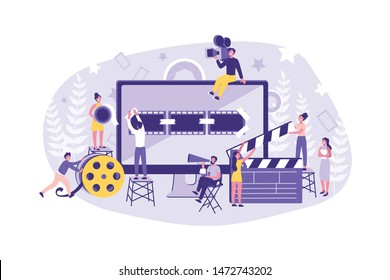 Business Concept Motion Design Studio. Teamwork of Clerks, Designer, Editor, Director on individual ontent. Businessmen Create and promote their own Trend. Cartoon flat Design, Isolated Vector