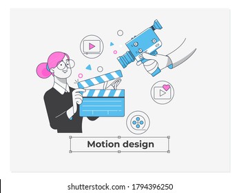 Business Concept Motion Design Studio. Teamwork Of Clerks, Designer, Editor. Vector Line Art Illustration