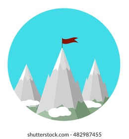 Business concept. Mountains and up arrow. Flag on top of the mountain. Success symbol. Vector graphics, flat style