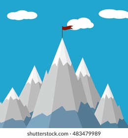 Business concept. Mountains and up arrow. Flag on top of the mountain. Success symbol. Vector graphics, flat style