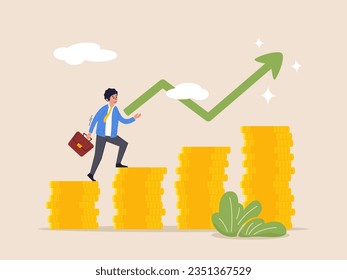 Business concept. Moving up motivation. Money, investment and career growth metaphor. Young woman or running and climbing up to her goal on the stack of coins. Modern vector illustration.