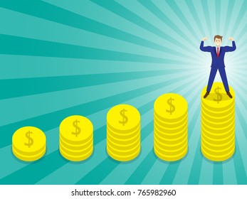 Business Concept As A Muscular Businessman Standing On Pinnacle Of Golden Stacked Coins Graph. It Means Strength Of Self Performance Succeeds Ultimate Income And Revenue Earning And Profit Growth.