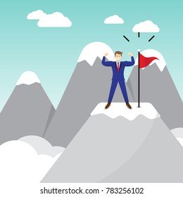 Business Concept As A Muscular Businessman Standing On A Pinnacle Of Mountain Next To The Red Flag. It Means Best Effort Of Self Performing Succeeds The Goal And Overcome Difficulty Ahead.