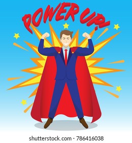 Business Concept As A Muscular Businessman Is Wearing Red Cloak And Power Up As Super Hero With Boom Effect At The Back. It Means Enhancing, Strengthening Self Performance For Achievement.