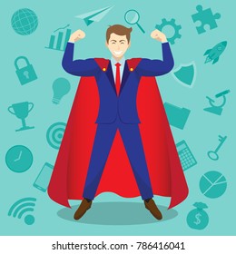 Business Concept As A Muscular Businessman Is Wearing Red Cloak In Front Of Business Icons. It Means Enhancing, Strengthening Self Performance For Work, Entrepreneurship, Management, Achievement.