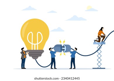 business concept, network connection, business team creative idea and brainstorming to start new project. brainstorming, glowing light bulb as a creative idea, brain stuffing, vector illustration.