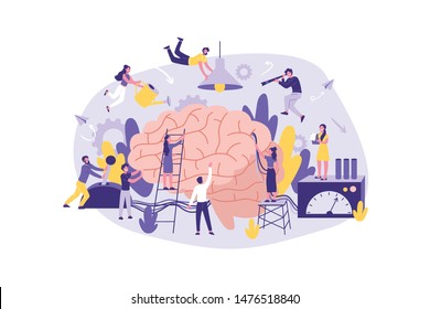 Business Concept Neuromarketing, Brainstorm. Group of Clerks in Information Search, Analysis, Support, at the Office. Teamwork of Businessmen Management. Cartoon flat Design, Isolated Vector