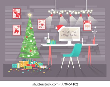 Business concept. New Year and christmas in open office. Business people.  Flat vector illustration.