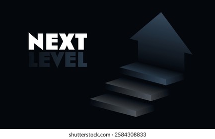 Business concept of next level in minimalist futuristic style. Illustration demonstrates illuminated steps with arrow up against a dark background. Movement toward a goal, progress and transition