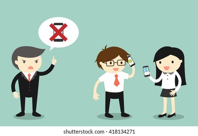 Business concept, Not using smartphone while working. Vector illustration.