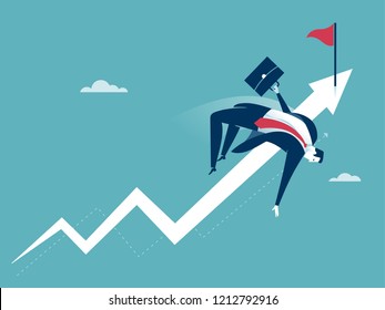 Business concept objectives achieved, mission accomplished. Illustration of a manager jumping over rising arrow symbol.