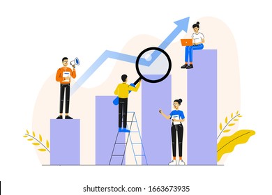 Business concept.  Office people working together on the columns. Business graph analysis. Team metaphor. Lifting up. Analyzing of the evolutionary scale. Career making. Vector illustration.