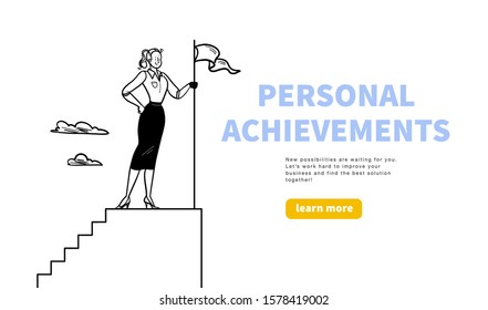 Business concept with office woman worker standing on stairs top with flag: metaphor for personal achievements, career. Hand drawn style. Web banner, webpage design template, ui. Vector illustration.