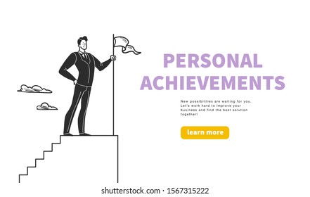 Business concept with office worker standing on top of stairs with flag - metaphor for personal achievements, career. Hand drawn style. Web banner, webpage design template, ui. Vector illustration.