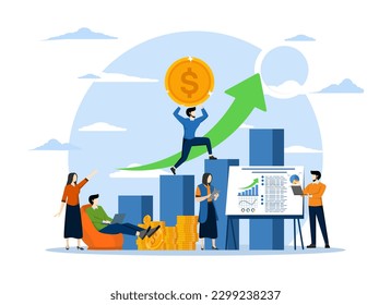 business concept, office workers studying infographics, evolution scale analysis, network promotion, looking for new solution ideas, teamwork in company, brainstorming, vector illustration