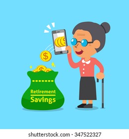 Business concept old woman using smartphone to earn money