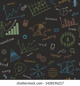 The business concept. On a black background hand-drawn multicolored charts and graphs. Seamless and endless texture. Doodle. Handwriting. Vector illustration.