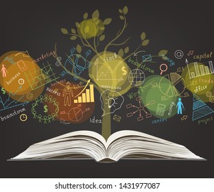 The business concept. On a black background, hand-drawn multicolored graphs and charts. Open book. Tree. Doodle. Handwriting. Colorful. Vector illustration.