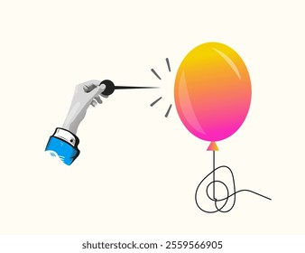 business concept on risk or dangerous situation - Businessman hand pushing sharp needle to pop the balloon.. Collage Art Vector illustration . Creative concept for web banner, social media banner	