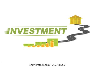 Business concept on theme finance. Growing finances coins, banknote and bank on the road with a logo. Flat vector illustration EPS 10