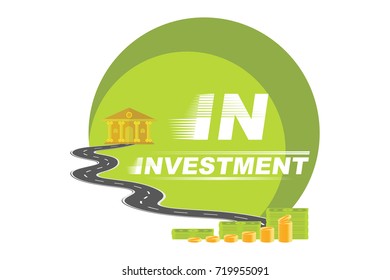 Business concept on theme finance. Growing finances coins, banknote and bank on the road with a logo. Flat vector illustration EPS 10