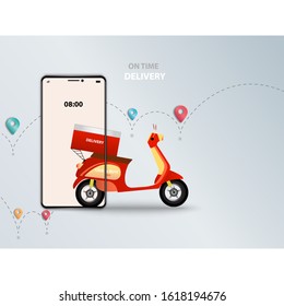 Business concept of on time delivery, half of scooter shown in the display in a background of route of the shipment for fast delivery and urgent shipment. 