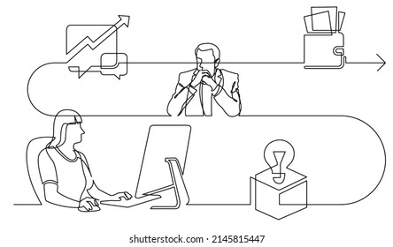Business-Konzept-1-Linien-Zeichnung Illustration des Arbeitsprozesses