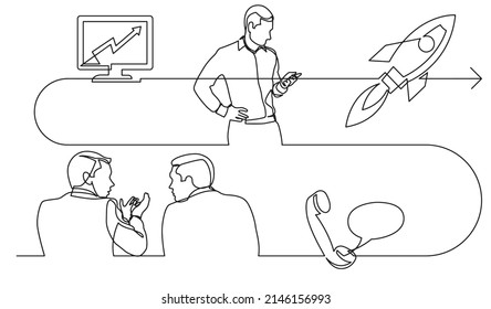 business concept one line drawing illustration of work process