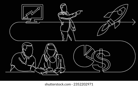 business concept one line drawing illustration of work process