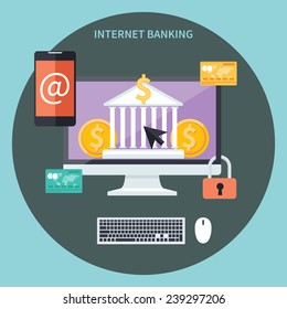 Business concept for online banking, finance investment, security deposit, deposit interest with laptops, safe and shield in flat design