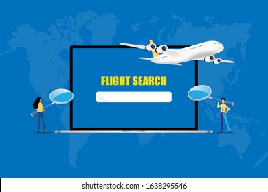 Business concept of online booking, businessman and woman hold a big magnifier to focus on the screen of laptop to search for a flight in blue background.