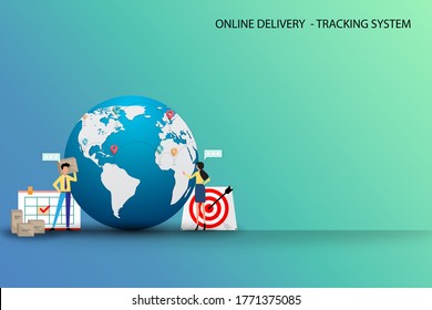 Business concept of online delivery with tracking system, businessman and woman are working and focus on the map and route of shipments to track and deliver the goods to customer on time.