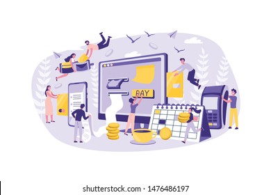 Business Concept Online Payment, Bills. Group of Clerks Improves the Work of Money Transfers. Teamwork of Businessmen at Office. Cartoon Flat Design, Isolated Vector Illustration