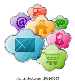 Business Concept - Online Shopping & Cloud Computing Clouds with application icons - mail, home, atm, support, vector isolated on white background