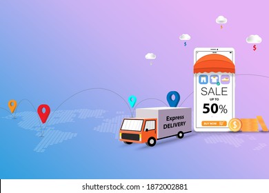 Business concept of online shopping, truck is ready to delivery the goods to customers that ordered from phone application in pink and blue color background.