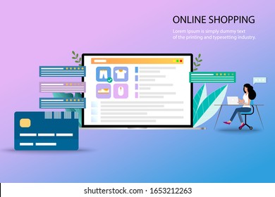 Business concept of online shopping, a woman sit near a big credit card and laptop which contains list of products, description, customer rating and reviews in pastel color background.