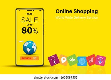 Business concept of online shopping, the word "Sale up to 80%" in the display together with the earth, airplane and buy now button, the six icons about online shopping are put near the phone.
