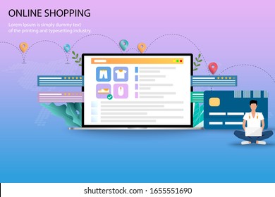 Business concept of online shopping, young man is searching on his laptop to find a new shoes and sit near a big credit card and laptop which contain list of products, customer rating and reviews.