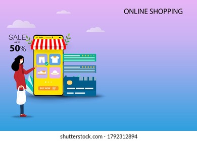Business concept of online shopping, young woman is standing in front of credit card and smartphone that the display contain list of products, customer rating and discount rate to find a new pant.