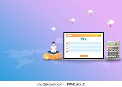 Business concept of online tax, businessman wear a medical face mask and working on top of coin stack to check the list of tax and calculate for this physical year.